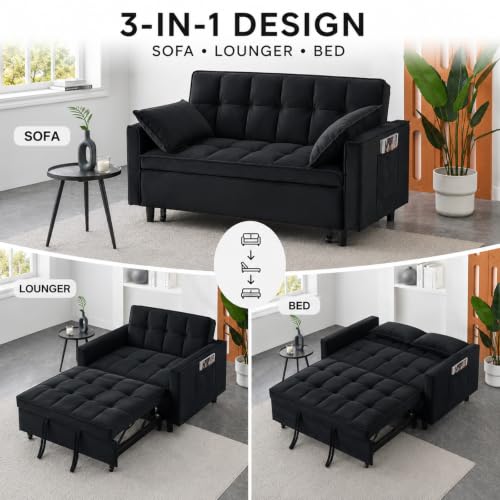 3 In 1 Velvet Convertible Sofa Bed, Pull Out Couch Bed with Reclining Backrest And 2 Pillows, 54" Full Size Loveseat Sleeper Sofa Futon Couch Bed, Couches For Small Spaces, Living Room (Black) - color: Black