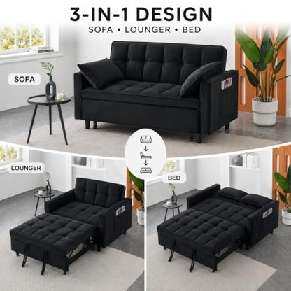 3 In 1 Velvet Convertible Sofa Bed, Pull Out Couch Bed with Reclining Backrest And 2 Pillows, 54" Full Size Loveseat Sleeper Sofa Futon Couch Bed, Couches For Small Spaces, Living Room (Black) - color: Black