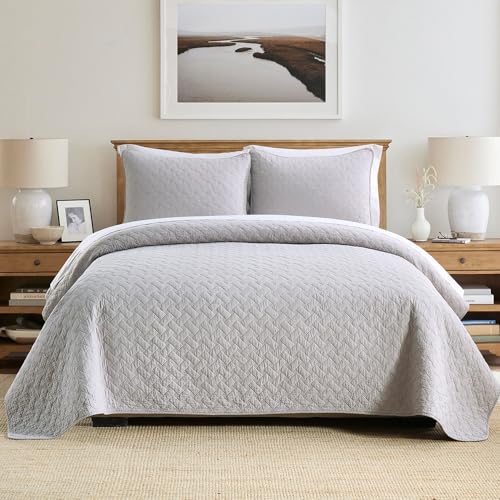 Wistown Cotton King Bedspread Quilt Bedding Sets, Grey | 3 Pieces Reversible Lightweight Soft Coverlets Comforters, All Seasons, Weave Stitching Pattern - color: Grey Weave Pattern, size: King (98 by108inch)