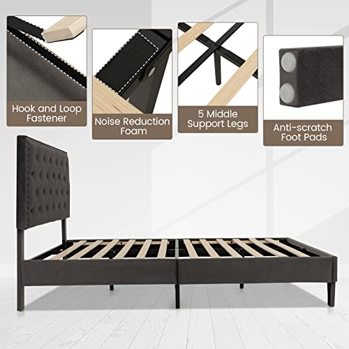 Upholstered Full Bed Frame, Low Velvet Mattress Foundation w/Wooden Slats, Button Tufted & Nailhead Trim Headboard, No Box Spring Needed, Easy Assembly, Double Platform Bed Frame Full Size - size: Full