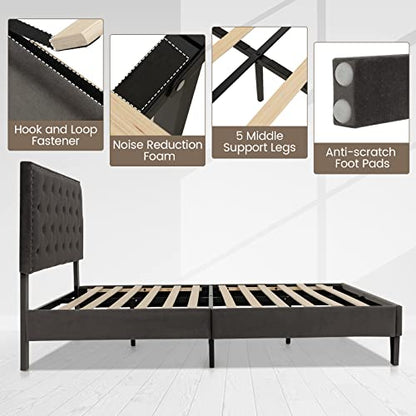 Upholstered Full Bed Frame, Low Velvet Mattress Foundation w/Wooden Slats, Button Tufted & Nailhead Trim Headboard, No Box Spring Needed, Easy Assembly, Double Platform Bed Frame Full Size - size: Full