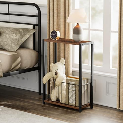 Homleke Narrow Side Table with Magazine Holder, Skinny End Table | Space-Saving Design, Small Spaces, Storage Shelf, Metal Frame, Easy Assembly, 7.1" D x 16.9" W x 23.6" H, Rustic Brown - color: Rustic Brown - Standard