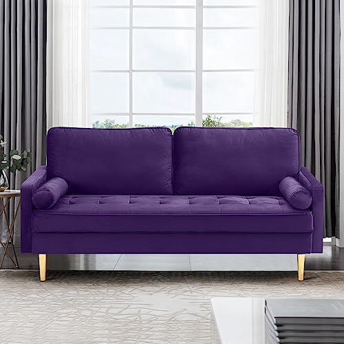 67in Modern Velvet Loveseat Sofa Couch, Mid-Century Tufted Upholstered Small Love Seat Couch with 2 Pillows & 4 Golden Legs, 2-Seats Couches for Compact Space, Living Room, Apartment (Purple) - color: Purple