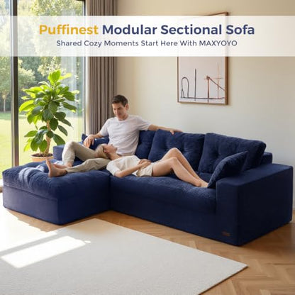 MAXYOYO Boneless Couch, 96-Inch L-Shaped Cloud Couch with Ottoman | Navy Layered Cushioning and Flexible Modules Create an Upholstered Sofa in a Box with No Assembly for Spacious Living Rooms. - color: Navy, size: 96" L Shape