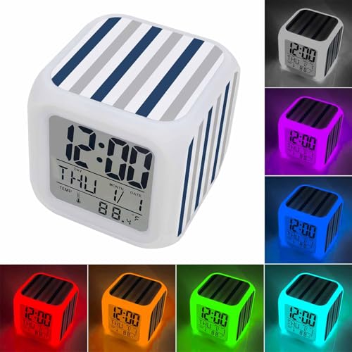 Digital Alarm Clocks for Bedroom,Navy Blue Stripe Gray Linen Cube Alarm Clock with Snooze and Nightlight Geometric Minimalist Style Silent Office Desk Clock Time/Date/Temperature Display - color: Blue