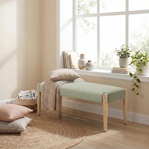 Usaint 42" End of Bed Bench with Wood Legs, Green with Oak Leg | Modern Upholstered Bedroom Bench with Rubberwood Legs, Entryway Bench with Cushion, Dining Bench for Living Room, Bedroom - color: Green With Oak Leg