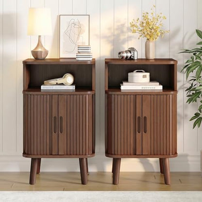 Alohappy Nightstand Set of 2, Mid Century Modern End Table with Storage, Fluted Bedside Table, Wooden Curved Profile Night Stands with Sliding Tambour Door for Bedroom, Living Room, Walnut - color: Walnut