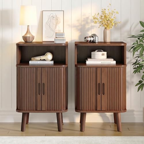 Alohappy Nightstand Set of 2, Mid Century Modern End Table with Storage, Fluted Bedside Table, Wooden Curved Profile Night Stands with Sliding Tambour Door for Bedroom, Living Room, Walnut - color: Walnut