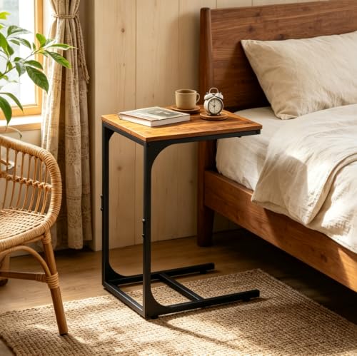 WLIVE C-Shaped End Table Set of 2, Small Couch Side Tables with Metal Frame, Sofa Table TV Tray for Living Room, Bedroom, Rustic Brown - color: Rustic Brown