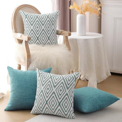 HPUK Throw Pillow Covers 18x18, Set of 4, Aqua Blue Couch Pillow Covers | Polyester fabric, patterned and solid designs, hidden zippers, machine washable, for sofas and beds, inserts not included - color: Aqua, size: 18" x 18" (Pack of 4)