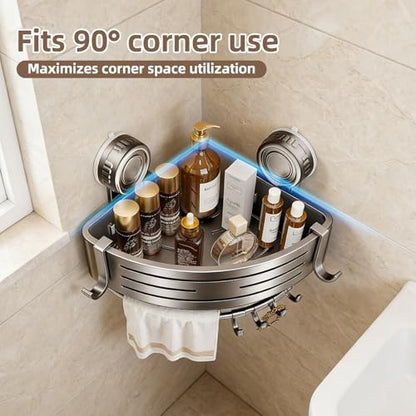 Suction Cup Corner Shower Caddy, No Drill, 1 Tier, Gray | Aluminum, With Hooks, Floating Rack for Inside, Bathroom Wall Shelf Organizer - style: Suction Cup Corner Shower Caddy ,1 Tier ,Gray