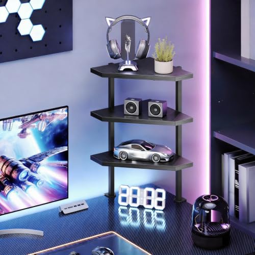 MAHANCRIS Clamp on Desk Corner Organizer, 3-Tier Desktop Shelf, Adjustable Desk Corner Storage Shelf with Metal Frame, for Office, Game Room, Black DSBK5501 - color: Black