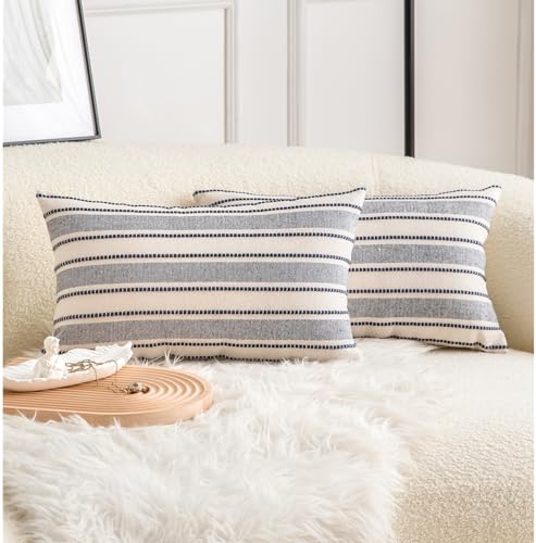 Cethom Decorative Boho Lumbar Throw Pillow Covers, Farmhouse Textured Pillow Case, 12 x 20 Inch Set of 2, Chair Sofa Bedroom Living Room Decor Couch Cushion Case, Navy Blue and Beige - color: Navy Blue, size: 20" x 12" (Pack of 2)