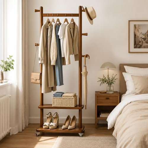 Coat Rack Freestanding Solid Wood Clothes Rack with Wheels | Space Saving, Stable 5 Hooks 2 Shelves Coat Tree, Silent 360 Degree Wheels, Heavy Duty 150 lb Capacity for Entryway Bedroom - color: Walnut Brown, size: L: 23.6" x W: 11.8" x H: 70.9" (With Whee