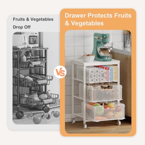 Kitchen Cart with Storage, 3-Tier Pantry Organizer and Storage Cart with Drawer, Fruit Vegetable Storage Cart with Wheels, Wooden Top Metal Wire Kitchen Organizer Rack Stand for Snack Onion Potato - size: 3-Tier White