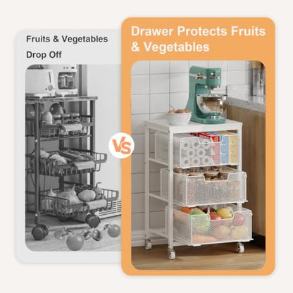 Kitchen Cart with Storage, 3-Tier Pantry Organizer and Storage Cart with Drawer, Fruit Vegetable Storage Cart with Wheels, Wooden Top Metal Wire Kitchen Organizer Rack Stand for Snack Onion Potato - size: 3-Tier White