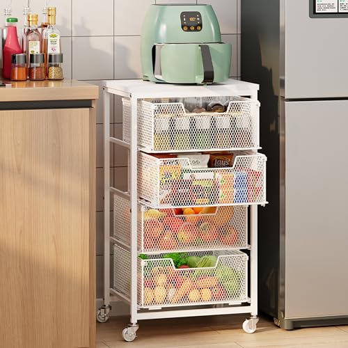 4-Tier Kitchen Storage Cart - Fruit Vegetable Storage Cart with Drawers, Wooden Top Metal Wire Kitchen Organizer and Storage Cart with Wheels to Storage Onions Potatoes Cans Snacks for Kitchen - size: 4-Tier White