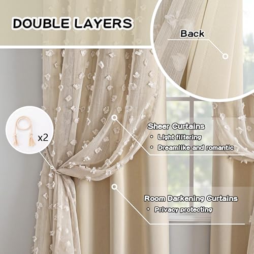 MYSKY HOME Double Layer Curtains for Girls Bedroom Kids Curtain Beige Pom Pom Sheer Window Curtains 2 Panels Beige Curtains Grommet Room Darkening Solid Nursery Curtains 63 Inches Length, W52 X L63 - color: Z-beige, size: 52"W x 63"L (Pack of 2)
