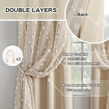 MYSKY HOME Double Layer Curtains for Girls Bedroom Kids Curtain Beige Pom Pom Sheer Window Curtains 2 Panels Beige Curtains Grommet Room Darkening Solid Nursery Curtains 63 Inches Length, W52 X L63 - color: Z-beige, size: 52"W x 63"L (Pack of 2)