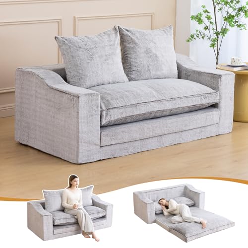 61" Boneless Loveseat Sleeper, Folding Sofa Bed, Faux Fur Cover, Dove Grey | Memory Foam Pull Out Futon Bed with Removable Washable Cover, Space-Saving Fold Out Couch for Living Room & Guest Room - color: Dove Grey