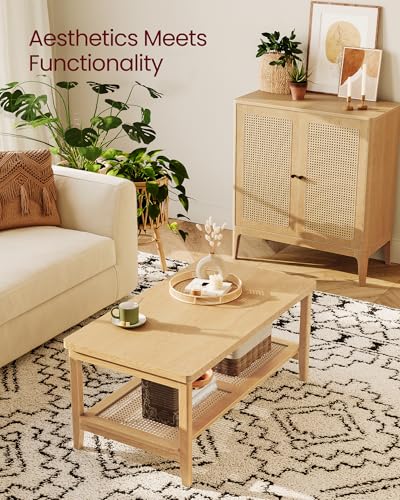 VASAGLE 2-Tier Coffee Table for Living Room, Rectangular Living Room Table, with PVC Rattan Storage Shelf, Rounded Corners, Easy Assembly, Boho Style, 21.7 x 39.4 x 17.7 Inches, Oak Beige ULCT240Y57 | Rectangular Living Room Table, Rounded Corners, Easy A
