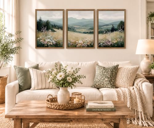 Minimalist Mountain Triptych Wall Art Set of 3, Foggy Wildflower Canvas | Serene Foggy Hills and Wildflower Field Canvas Prints, Calm Nature Home Decor 12x16 Inches - color: MountainFlower, size: 12x16 Inch