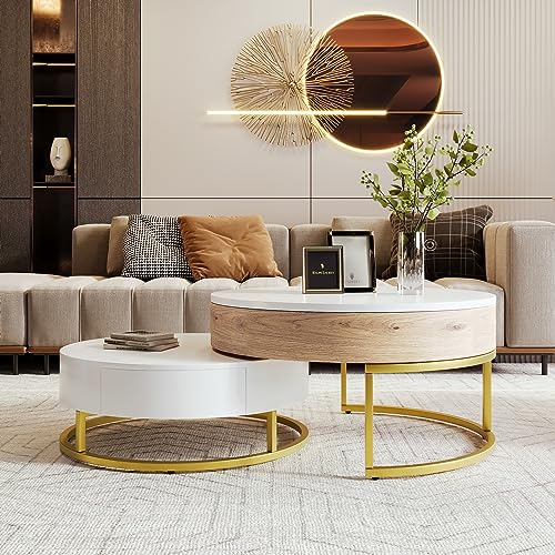 Modern Round Lift-top Nesting Coffee Tables with 2 Drawers for Living Room White & Natural - color: Oak Natural Wood + Antique White