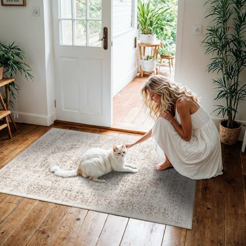 3x4 Washable Runner Rug: Vintage Medallion Kitchen Soft Rugs IvoryBeige | Non Slip Pet Friendly Water Resistant Low Pile Design Easy Clean Durable for Entryway Hallway and Indoor High Traffic Areas - color: Ivory/Beige, size: 3x4