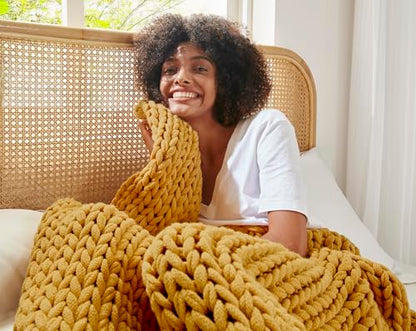 Madison Park Chunky Double Knit All Season Throw Blanket, 50 x 60, Yellow | Ultra Soft, Acrylic, Cozy Warmth for Sofa or Bed, Lightweight, Boho, OEKO-TEX Certified - color: Yellow