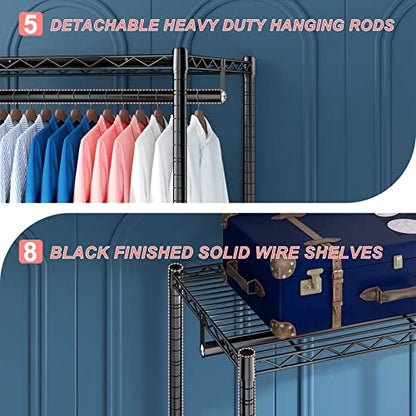 Raybee Clothes Rack,Clothing Racks for Hanging Clothes 900LBS Capacity Heavy Duty Portable Closet with 5 Hanger Rods & 8 Shelves for Walk-in Closet,Apartment - color: Black, style: Clothing Rack Only