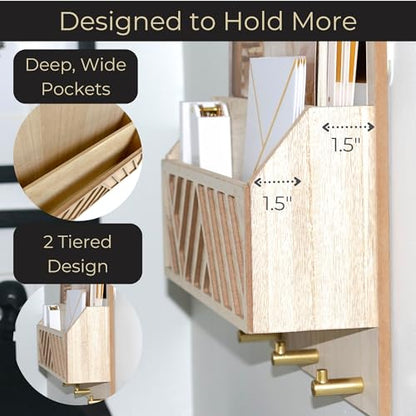 BLU MONACO Wall-Mounted Mail and Key Holder – Natural Wood 2-Tier Letter Organizer with 3 Hooks | Entryway Command Center for Mail, Keys, and Documents - color: Natural Wood