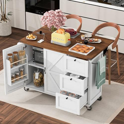 Kitchen Island, Rolling Kitchen Cart with Power Outlet | Built-in power outlet, 2 AC outlets and 2 USB ports, easy charging for coffee maker, juicer, toaster, or devices - color: White + Particle Board+mdf