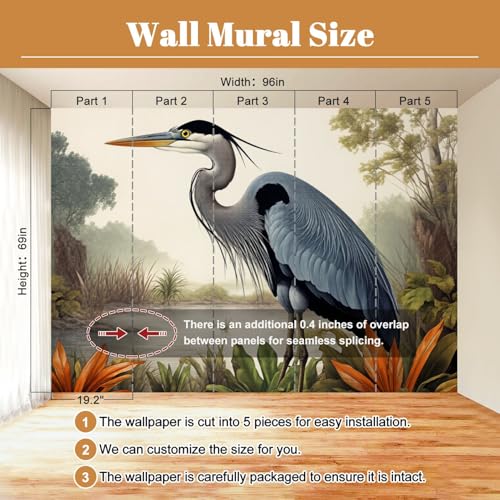 Wall Mural Egret Heron Bird White Painting Blue Audubon Great Animal Water Plants Peel & Stick Wallpaper Removable Self-Adhesive Large Wall Sticker Wall Decor for Bedroom Living Room Nursery 69"x96" - color: Multi8, size: 69"x96"