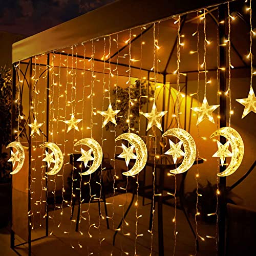 Ramadan Decorations for Home,138 LED Upgraded Extra Large Star Moon Curtain Lights for Kids Bedroom Decor,USB Powered 8 Modes Remote LED Fairy Lights for Ramadan Window Wedding Christmas Decor