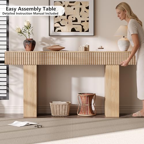 63-Inch Long Entryway Console Table with a Fluted Design, Thick Wood Farmhouse Sofa Table Behind Couch, Narrow Hallway Accent Table for Living Room, Foyer, Entrance, Natural Oak - color: Natural Oak, size: 63 Inch