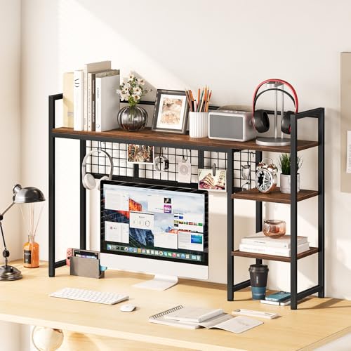 Snughome Desk Shelf, 44.9" Desktop Organizer Shelf, Desk Hutch for Computer Monitor, 4 Tier Desk Display Rack with Pegboard Hooks Set, Wood Desktop Bookshelf for Home Office Dorm - color: Rustic Brown, size: 44.9"