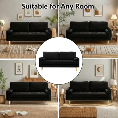 65" Love Seat Sofa, Velvet Small Sofa Small Couch for Bedroom Living Room, Bedroom, Loveseat with 2 Pillows, Gold Legs, Modern Tufted Seat Upholstered Seating for Office, Apartment (Black) - color: Black