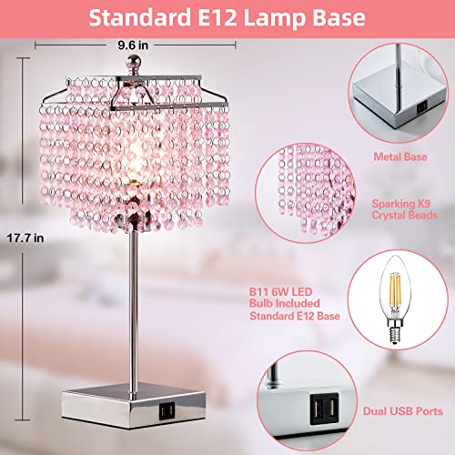 Luvkczc Set of 2 Bedside Pink Crystal Table Lamp, Touch Control Crystal Lamp, Dimmable Lamp for Bedroom, Girl Living Room, 6W B11 Bulb Included - color: Pink (2 Pack)
