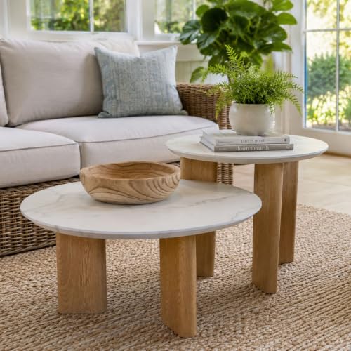 Nesting Coffee Table Set of 2, Marble Top, 2-Tone, Round End Tables | 1.2" Thick Faux Marble Top, Mid-Century Modern Style, Use as Nesting Table, Tea Table, Sturdy MDF, 20-Min Quick Assembly - color: Marble