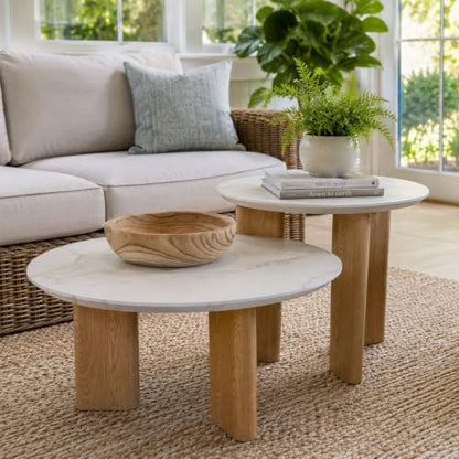 Nesting Coffee Table Set of 2, Marble Top, 2-Tone, Round End Tables | 1.2" Thick Faux Marble Top, Mid-Century Modern Style, Use as Nesting Table, Tea Table, Sturdy MDF, 20-Min Quick Assembly - color: Marble