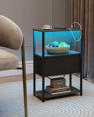 TUTOTAK Small Narrow LED End Table with Charging Station, Set of 2 | Side Table with Outlets, Nightstand with Cloth Drawer, Couch Table for Living Room, Bedroom, Charcoal Grey TB01BY059 - color: Charcoal Grey, style: 1 Drawer with Plug & Light