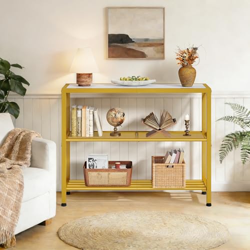 Hoctieon Industrial Console Table, 3 Tier Entryway Table, Metal Frame, Sofa Tables with Shelf, Hallway Desk, Entrance Tables for Entryway, Living Room, Foyer, Hallway, Gold and White - color: Gold&white, size: 1 Pack