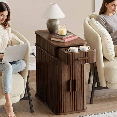 Fluted End Table with Charging Station, Narrow Side Table with Drawers, Wood Skinny Nightstand with Storage, Mid-Century Modern Bedside Tables for Small Space Living Room Bedroom Sofa Couch - color: Walnut