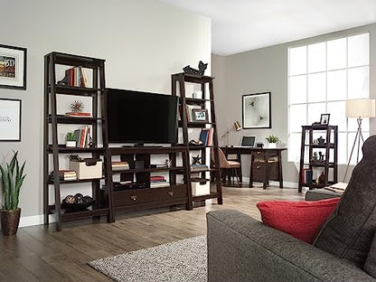Sauder Ladder Bookshelf 5 Tier Trestle Ladder Shelf Wooden Bookcase, in Jamocha Wood - color: Chalked Chestnut