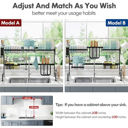 2 Tier Extra Large Stainless Steel Over The Sink Dish Drying Rack | Rust Proof Metal, Expandable Kitchen Sink Drainer, Counter Space Saving, Heavy Duty, Modern Black, Multifunctional Storage - color: Black, size: Over Sink 2 Tier