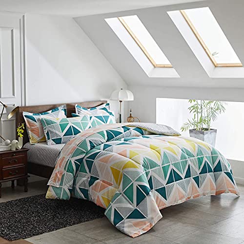 Green Yellow Bed in a Bag 6 Pieces Twin Size Comforter Sheet Set Triangles Print -Summer Soft Complete Bedding Set (1 Comforter 2 Pillow Shams 1 Flat Sheet 1 Fitted Sheet 1 Pillowcases) - color: Colorful Cubes, size: Twin-6 Pieces