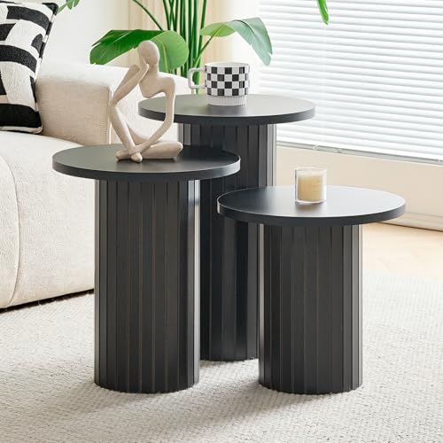 Round Nesting Coffee Table Set of 3 Mid Century Modern Wood Round Coffee Tables with Flexible Small Boho Circle End Table for Space Saving Living Room Comedor Home Office Bedroom(Black) - color: 3pcs Black