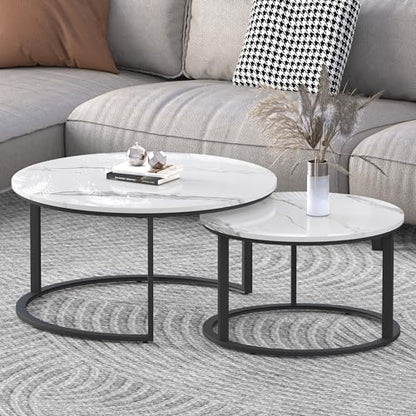 WiberWi Round Coffee Table Nesting Tables Set of 2, Large : Ø 33.5", Small : Ø 25.7", Modern Design Coffee Tables for Living Room, Metal Frame Circle Cocktail Table, High Glossy Faux White Marble - color: White Top&black Frame