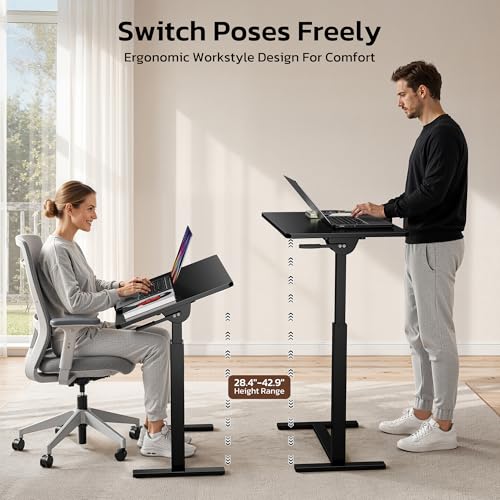 Mobile Standing Desk Adjustable Overbed Table, Pneumatic Height Adjustable Rolling Laptop Desk with Hidden Wheels, 0-180°Tilt Top Rolling Computer Cart Foldable for Home Office, Craft & Study, Black - color: Black, style: Fully Tiltable