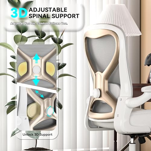 Ergonomic Home Office Chair, 4-Way Lumbar, Thick Cushion, 330LBS | Adjustable Lumbar (up/down/in/out), Rocking Mesh Back, Flip-up Arms, Easy Assembly, Ideal for home offices & small workspaces - color: White+champagne